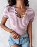 Asymmetrical Neck Chain Decor Ribbed T Shirt