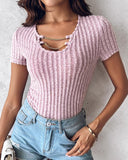 Asymmetrical Neck Chain Decor Ribbed T Shirt