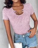 Asymmetrical Neck Chain Decor Ribbed T Shirt