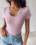 Asymmetrical Neck Chain Decor Ribbed T Shirt