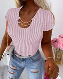 Asymmetrical Neck Chain Decor Ribbed T Shirt