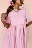 Light Pink Solid Color Pocketed Raw Edge Babydoll Dress