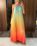 Ombre Print Halter Sleeveless Maxi Dress Casual Hollow out Pleated Vacation Dress