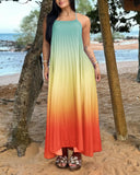 Ombre Print Halter Sleeveless Maxi Dress Casual Hollow out Pleated Vacation Dress