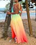 Ombre Print Halter Sleeveless Maxi Dress Casual Hollow out Pleated Vacation Dress