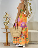 Floral Print Halter Lace Up Bandeau Strechy Shirred Maxi Dress Casual Waist A Line Flared Dress