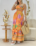 Floral Print Halter Lace Up Bandeau Strechy Shirred Maxi Dress Casual Waist A Line Flared Dress