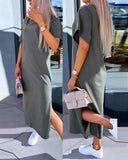 Slit Short Sleeve Round Neck Casual Dress