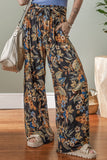 Multicolour Floral Shirred High Waist Wide Leg Pants with Tie