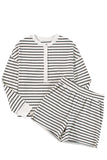 Black white Stripes Printed Half Button Long Sleeve Top and Shorts Set