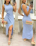 Round Neck Sleeveless Twist Design Midi Dress Casual Slit Slim Fit Ribbed Dress