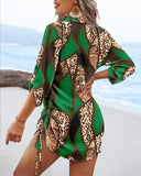 Leopard Colorblock V Neck Roll Up Sleeve Hollow out Drawstring Mini Dress Cover ups