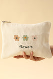 White Flower Print Corduroy Big Cosmetic Bag