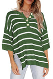 Green Stripe Henley Buttoned Placket Drop Shoulder Bracelet Sleeve Knit Sweater Tee