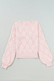 Gossamer Pink Openwork Plaid Puff Sleeve Cropped Sweater