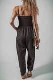 Black Spaghetti Straps Shirred Bodice Pocketed Wide Leg Jumpsuit