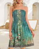 Floral Print Bandeau Sleeveless Ruched Boho Dress Casual Smocked A Line Mini Dress
