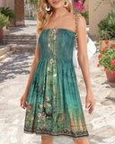 Floral Print Bandeau Sleeveless Ruched Boho Dress Casual Smocked A Line Mini Dress
