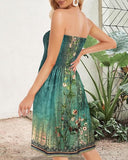 Floral Print Bandeau Sleeveless Ruched Boho Dress Casual Smocked A Line Mini Dress