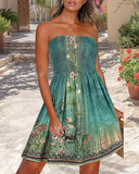 Floral Print Bandeau Sleeveless Ruched Boho Dress Casual Smocked A Line Mini Dress