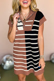 Brown Stripe Color Block Quarter Zip Collar Short Sleeve Sweater Dress