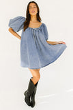 Myosotis Bubble Sleeve Square Neck Denim Babydoll Dress