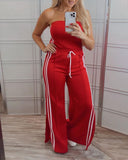 Stripe Print Bandeau Sleeveless Drawstring Slit Wide Leg Jumpsuit Casual Overalls