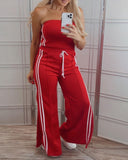 Stripe Print Bandeau Sleeveless Drawstring Slit Wide Leg Jumpsuit Casual Overalls