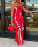 Stripe Print Bandeau Sleeveless Drawstring Slit Wide Leg Jumpsuit Casual Overalls