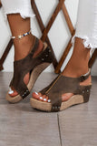 Chestnut Suede Patched Studded Cut Out Wedge Sandals