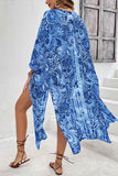Blue Floral Print Side Slit Open Front Long Kimono