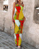 Colorblock Tie Dye Print Pleated Cami Maxi Dress