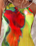 Colorblock Tie Dye Print Pleated Cami Maxi Dress