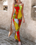 Colorblock Tie Dye Print Pleated Cami Maxi Dress