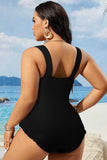 Black Plus Size Textured Knotted Ruffled Trim One Piece Swimwear