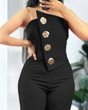Asymmetrical Bandeau Strapless Jumpsuit Metal Button Decor Casual Overalls