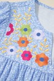 Sky Blue Floral Embroidered Puff Sleeve Notched V Neck Blouse