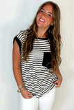 Black Stripe Chest Pocket Patch Round Neck Tank Top