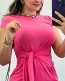 Round Neck Knotted Design Sleeveless Ruched Casual Slim Dress