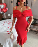 Off Shoulder Spaghetti Strap Fishtail Midi Bodycon Bowknot Design Elegant Dress