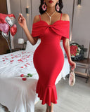 Off Shoulder Spaghetti Strap Fishtail Midi Bodycon Bowknot Design Elegant Dress