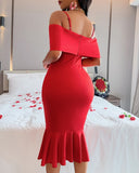 Off Shoulder Spaghetti Strap Fishtail Midi Bodycon Bowknot Design Elegant Dress