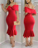 Off Shoulder Spaghetti Strap Fishtail Midi Bodycon Bowknot Design Elegant Dress