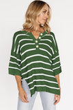 Green Stripe Henley Buttoned Placket Drop Shoulder Bracelet Sleeve Knit Sweater Tee