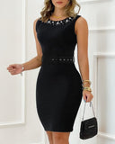 Pearls Decor Thick Strap Backless Slit Back Party Dress Zipper Back Bodycon Dress With Belt