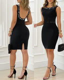 Pearls Decor Thick Strap Backless Slit Back Party Dress Zipper Back Bodycon Dress With Belt