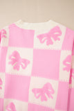 Pink Bowknot Checkered Pattern V Neck Drop Shoulder Button Up Cardigan