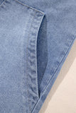 Stone Blue Washed Denim Half Buttons Patched Pocket Wide Leg Overalls