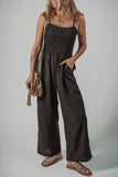 Black Spaghetti Straps Shirred Bodice Pocketed Wide Leg Jumpsuit