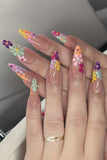 Bonbon Flower Print Almond Long Fake Nail